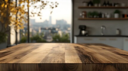 3D rendering of a wooden table top for product display against a blurred modern interior backdrop Wooden surface over a defocused kitchen setting showcasing kitchen furniture and desk space for pro