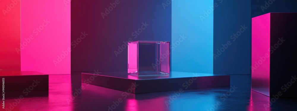 Aufkleber abstract backdrop design featuring a glass cube podium for product promotion 3d rendering
