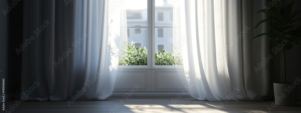 Poster 3D rendering of an open window with white curtains showcasing a darkened interior with selective focus and noise effect