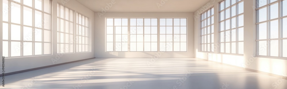 Poster 3d rendering of a minimalist interior design featuring an empty room with windows showcasing abstrac