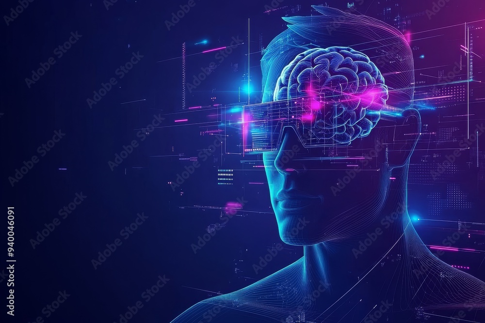 Poster futuristic and vibrant profile of a man with a glowing brain interface symbolizing artificial intell