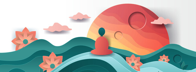 Meditating figure sunset over waves flowers. Papercut style serene scene with a figure meditating against a vibrant sunset background with waves and flowers
