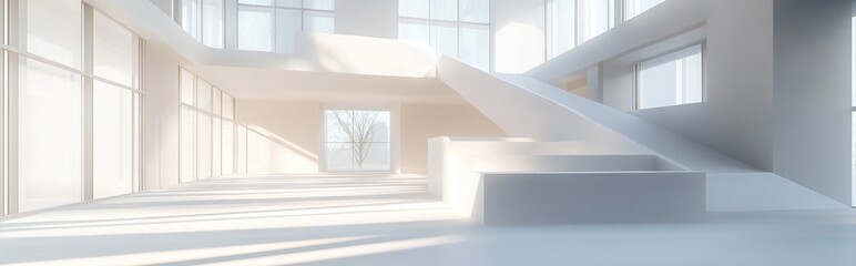 Fototapeta premium Abstract 3D rendering of a white multilevel interior public space featuring windows