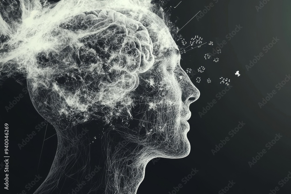 Poster surreal and ethereal profile of a man with his head dissolving into particles symbolizing memory los