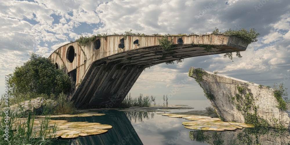 Poster 3d rendering of a collapsed end of an abandoned sky bridge