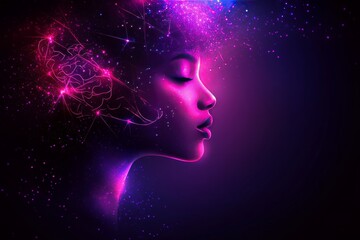 Futuristic and dynamic portrait of a woman with a glowing brain symbolizing advanced cognition artificial intelligence and the seamless integration of technology with human thought