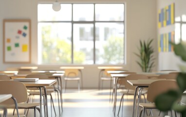 3D rendering of an abstract classroom environment with pupils in a blurred focus