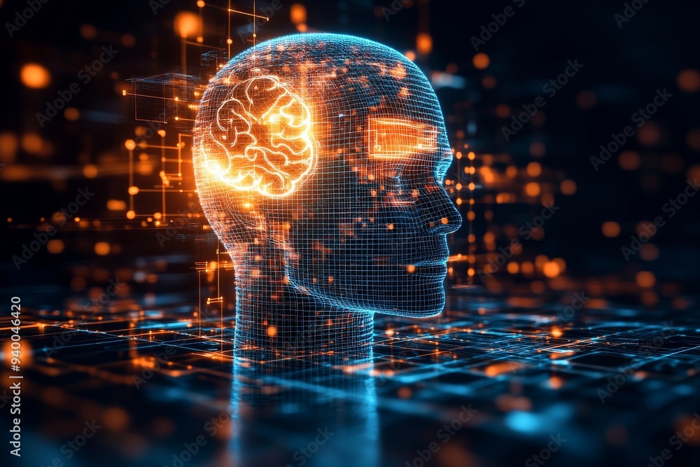 Poster futuristic and vibrant profile of a man with a glowing brain interface symbolizing artificial intell