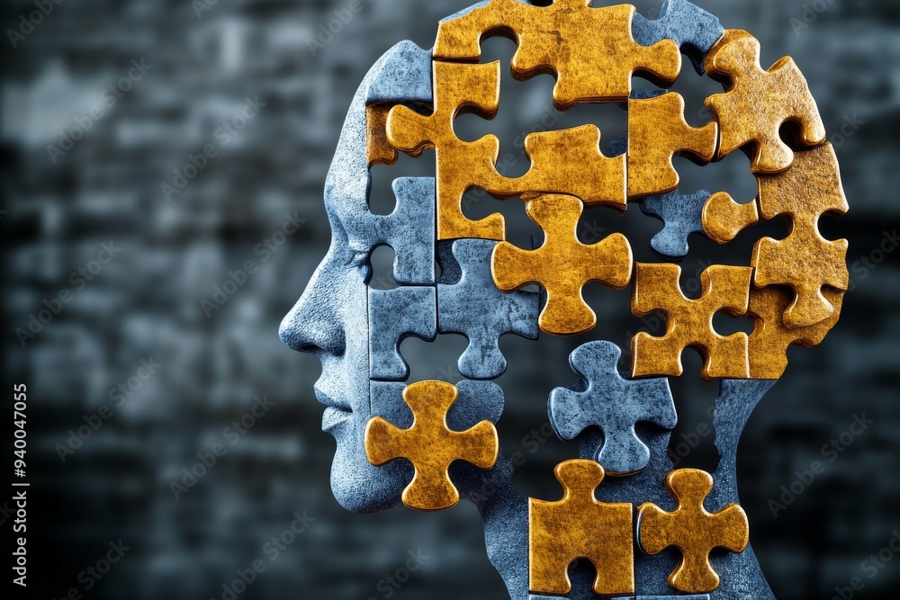 Poster abstract and minimalist profile of a head composed of puzzle pieces symbolizing identity memory and 