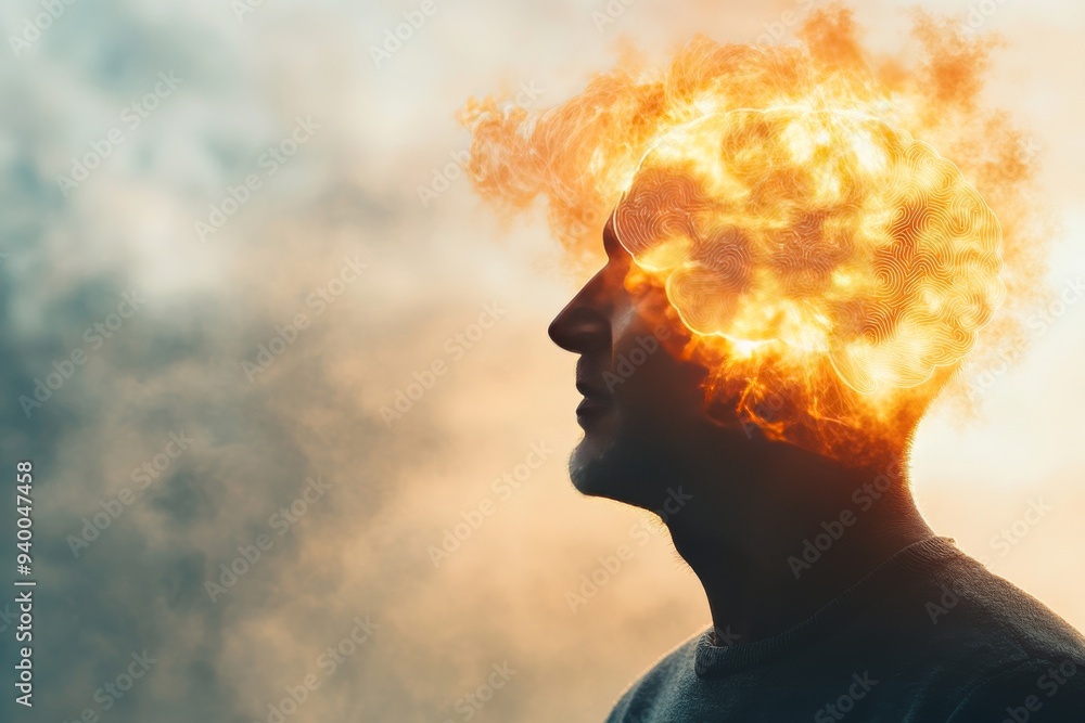 Poster surreal and introspective profile of a man with his head dissolving into flames symbolizing creativi