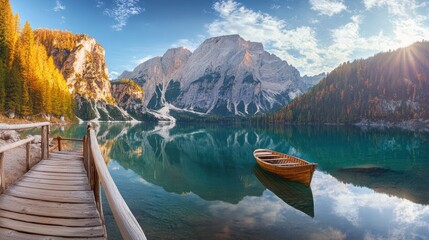 Obraz premium Serene Mountain Lake with Wooden Boat