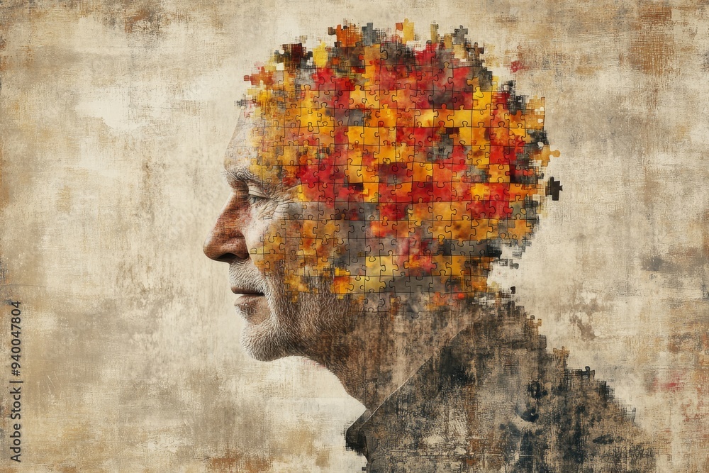 Poster rustic and artistic profile of an elderly man with his head composed of puzzle pieces symbolizing me