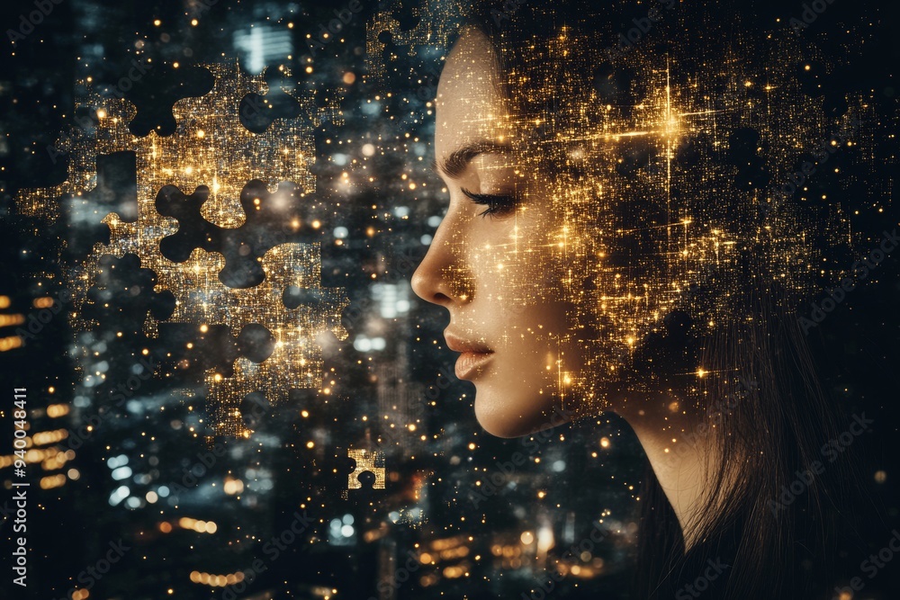 Poster futuristic and dynamic profile of a woman with a glowing brain and neural connections symbolizing ad