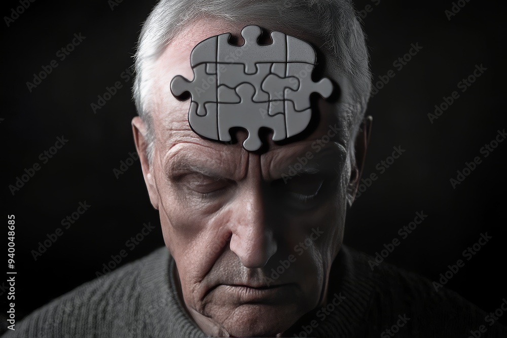 Poster a contemplative older man with a puzzle piece missing from his head representing the challenges of m