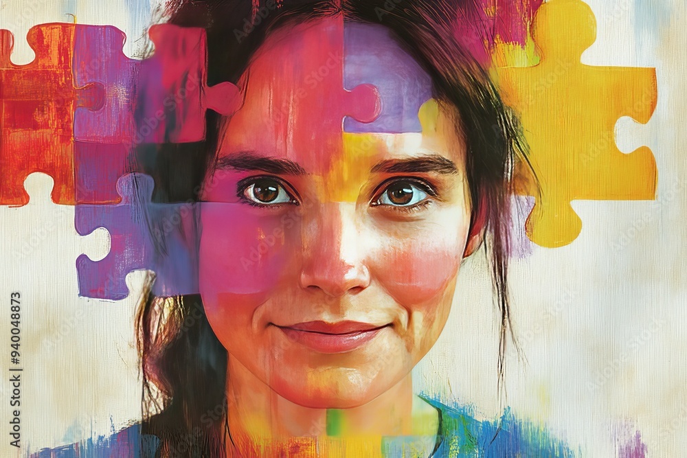 Poster a vibrant artistic representation of a womans face blended with colorful puzzle pieces symbolizing t