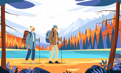 Obraz premium Hikers trekking scenic mountain landscape autumn forest lake vibrant colors outdoor adventure nature