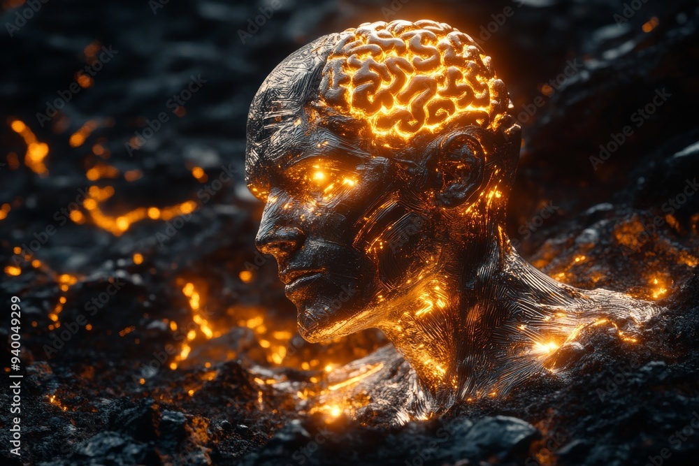 Poster a fiery 3d rendering of a human brain set against a dark background symbolizing the intense activity