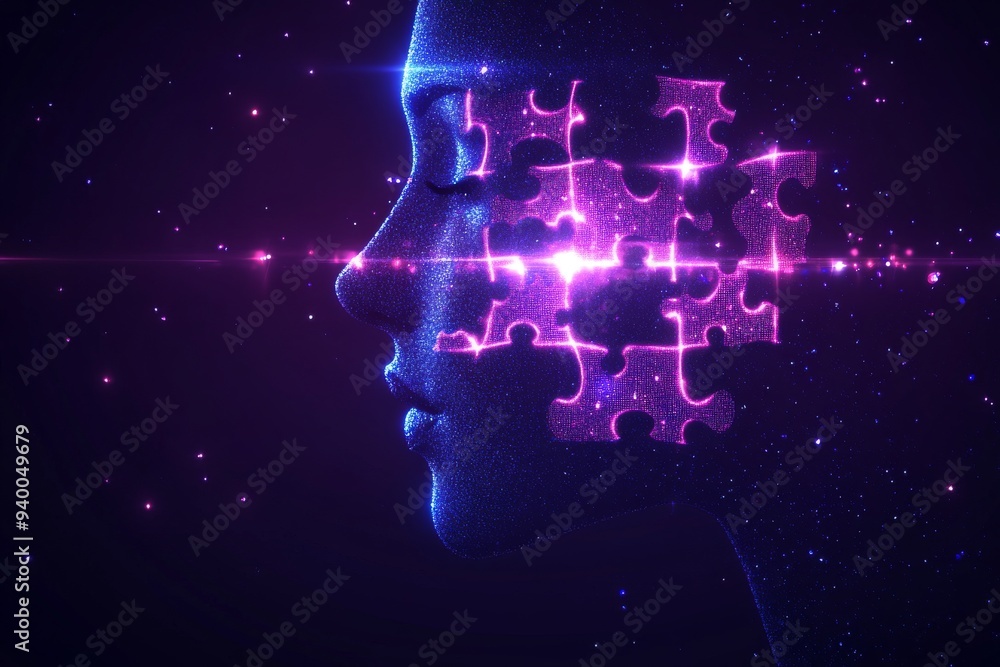 Aufkleber a digital representation of a human head with glowing puzzle pieces highlighting the connection betw