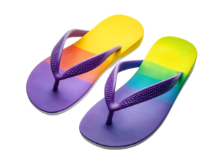 Vibrant flip flops showcase a striking rainbow gradient, featuring shades of purple, yellow, and green. Ideal casual footwear for the beach. Isolated on transparent background.