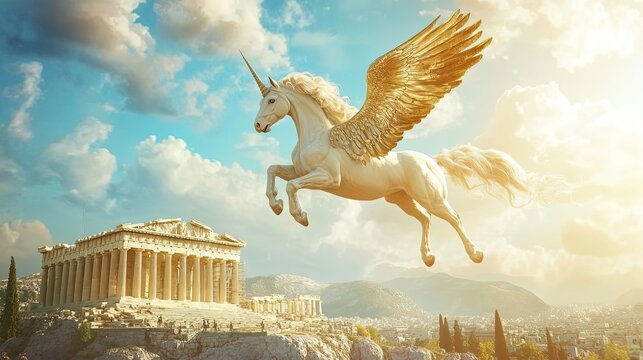 A Winged Unicorn Pegasus Flying Over the Acropolis in Athens