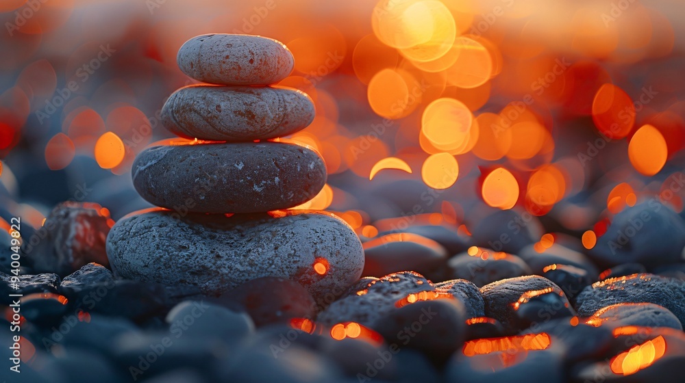 Wall mural zen stones at sunset. a bed of smaller stones supports a stack of smooth, gray stones against a warm