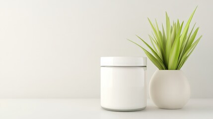 A white jar and a green plant are on a white table