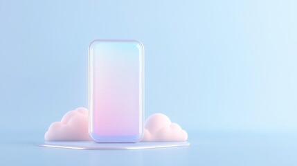 A phone is displayed on a blue background with pink clouds in the background
