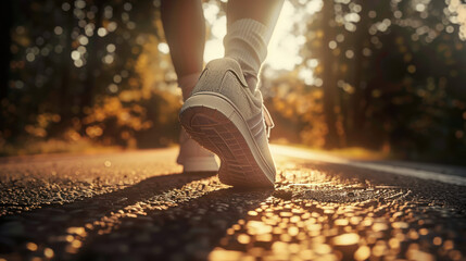 A detailed capture of a runnerâ€™s sneakers stepping onto an asphalt road, with morning sunlight filtering through the trees, casting intricate