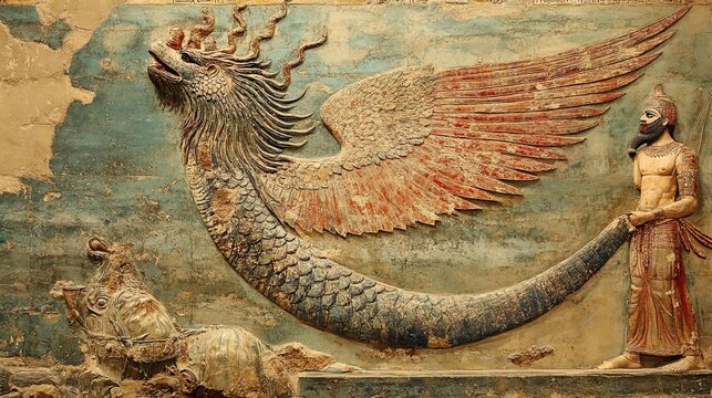 Ancient Assyrian Relief Depicting a Winged Serpent and a King