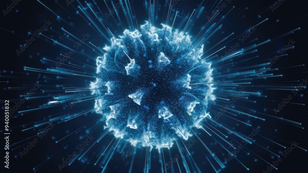 Poster 3d abstract digital technology animation of blue light particles on dark background
