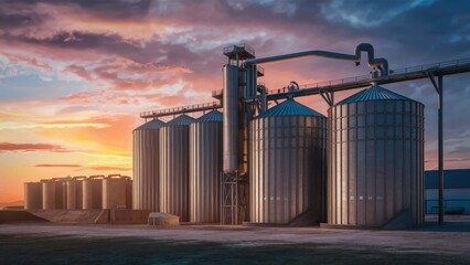 Obraz premium 3D Illustration of Industrial Silos and Piping Against a Sunset Sky
