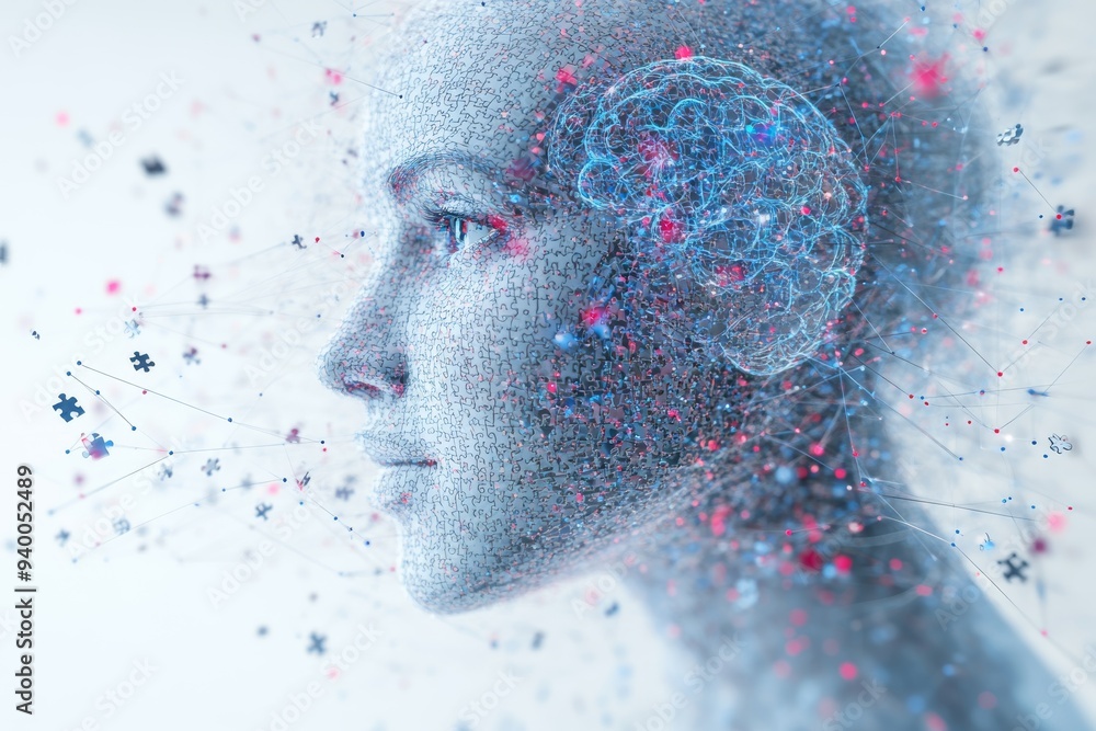 Aufkleber futuristic digital art of a humanoid with a fragmented face symbolizing the convergence of humanity 
