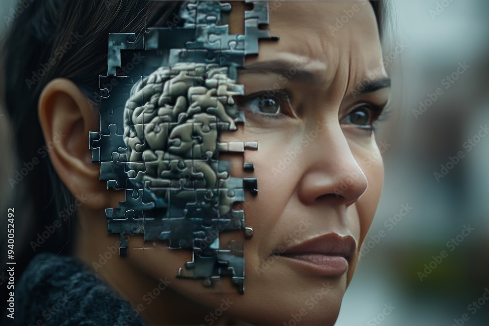 Poster realistic portrait of a woman with a visible brain symbolizing the intersection of mental health int