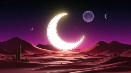 Obraz premium 3D Neon Desert Landscape with Crescent Moon, Ramadan Theme