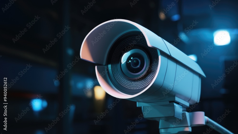 Poster 3d render of surveillance camera in low light environment suitable for technology or security themes