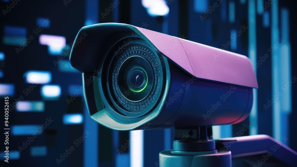 Poster 3d render of surveillance camera in low light environment suitable for technology or security themes