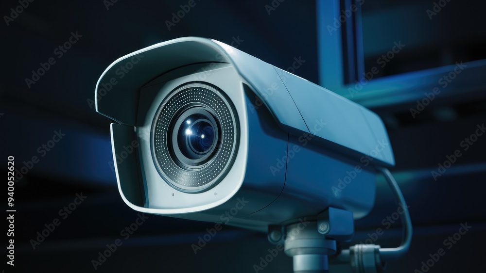 Poster 3d render of surveillance camera in low light environment suitable for technology or security themes