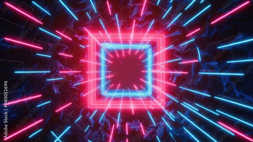 Aufkleber 3d render of a vibrant abstract background with glowing tunnel, neon lights, and square portal in pi