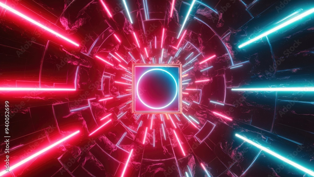 Aufkleber 3d render of a vibrant abstract background with glowing tunnel, neon lights, and square portal in pi