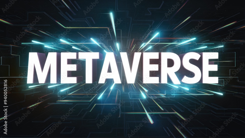 Poster 3d rendered metaverse text with technological glitch effects and screen interference