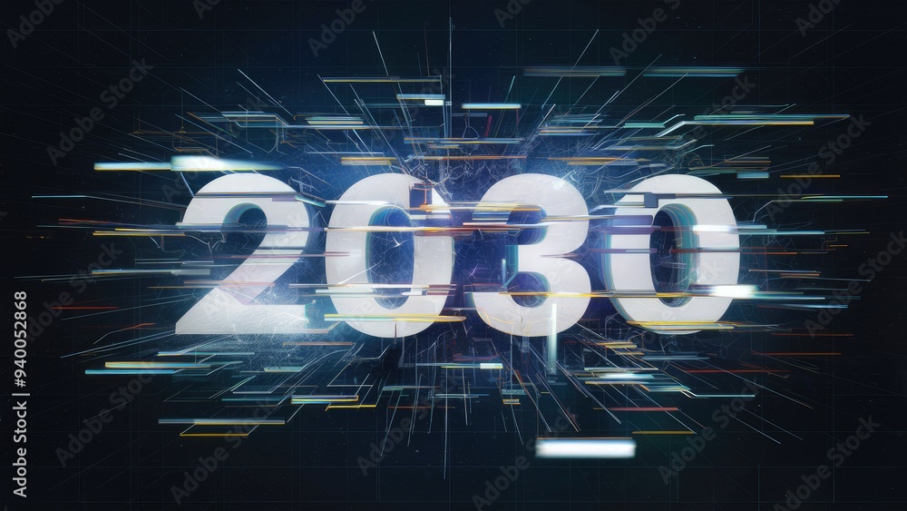 Poster 3d rendering of '2030' text featuring screen effects and technological glitches with diverse interfe
