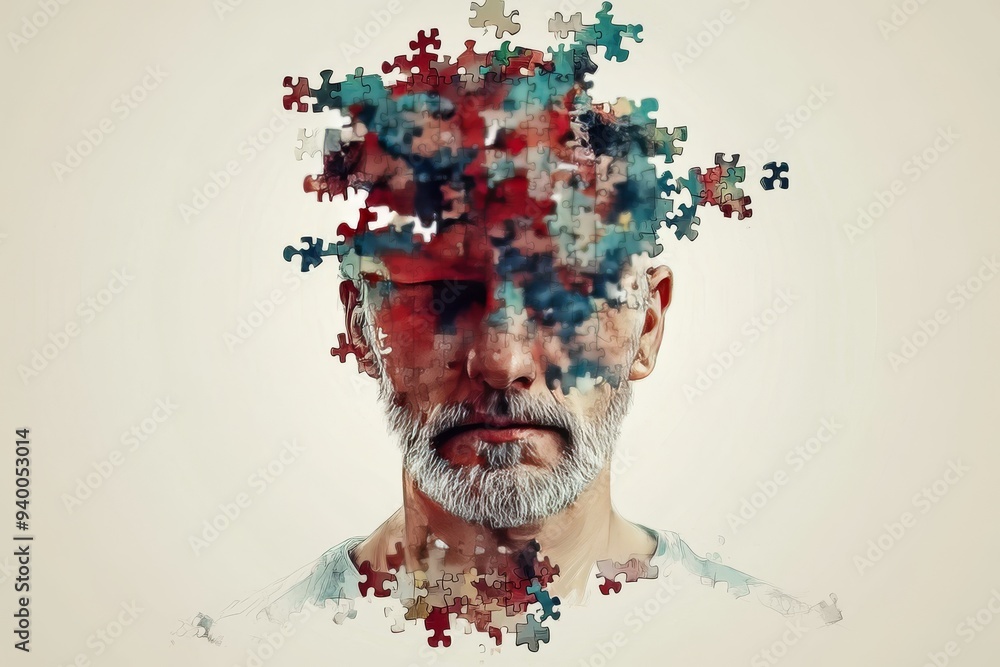 Poster abstract portrait of a man with his head fragmented into colorful puzzle pieces symbolizing the sear