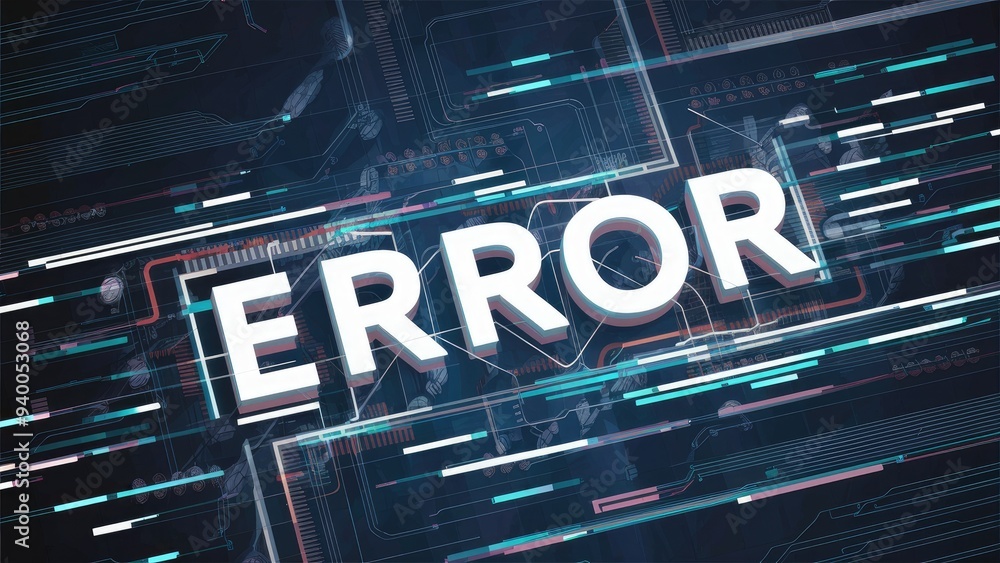 Poster 3d rendering of error text with technological glitch effects and screen interference