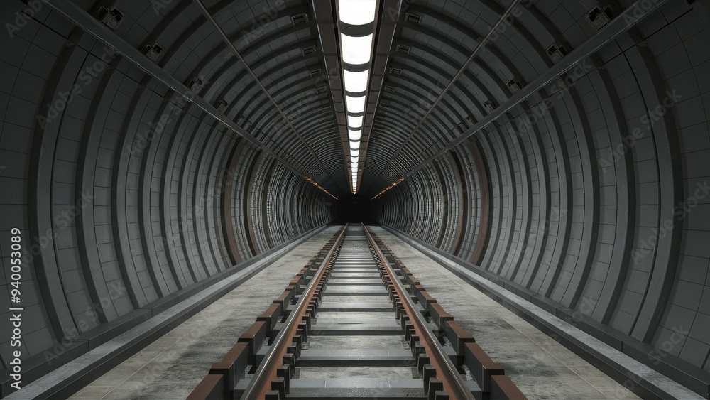 Poster 3d rendering of isolated subway tunnel with rails and a train in motion on a white background.