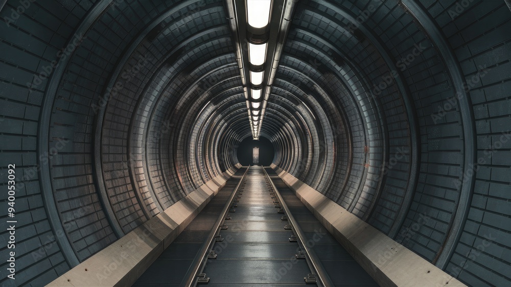 Poster 3D Rendering of Isolated Subway Tunnel with Rails and a Train in Motion on a White Background.