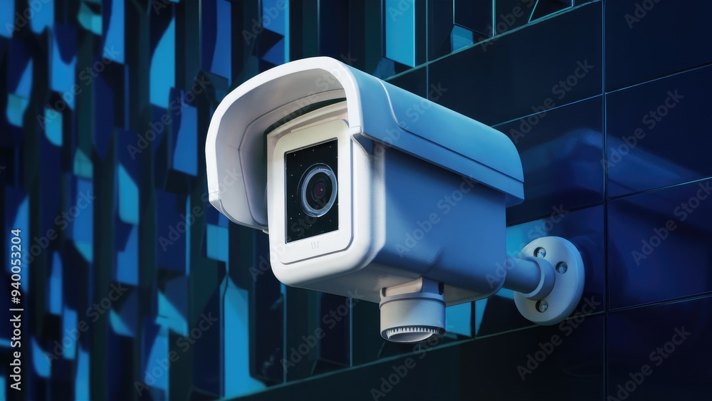 Poster 3d rendering of surveillance cctv security camera with integrated database and battery connection