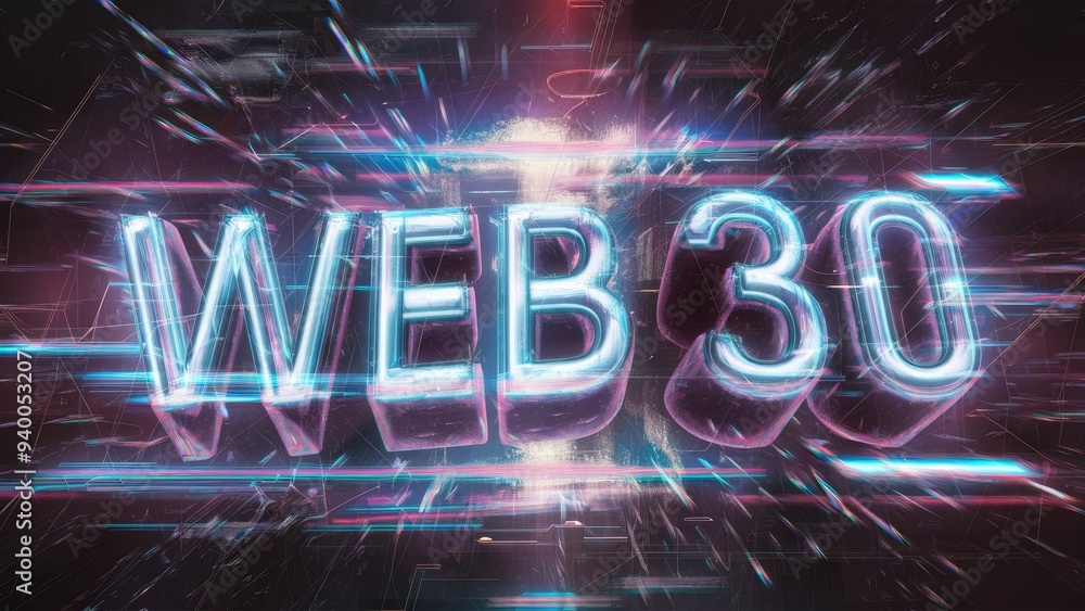 Poster 3d rendering of web 3.0 text featuring dramatic glitch effects and technological interference
