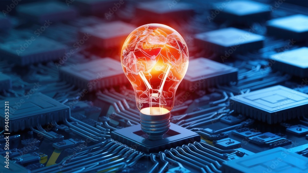 Aufkleber 3d rendering of a computer network with light bulb concept