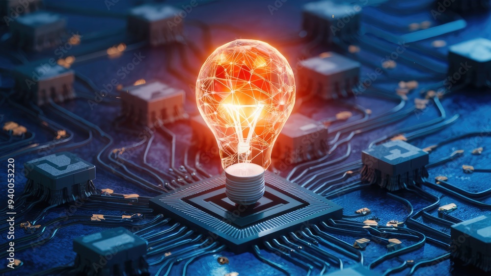 Poster 3d rendering of a computer network with light bulb concept