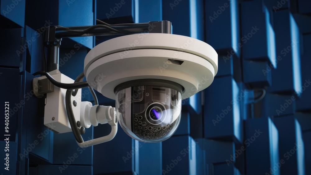 Poster 3d rendering of surveillance cctv security camera with integrated database and battery connection